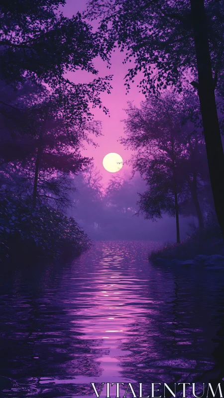 Moonlit magenta river winding through dreamy forest hush.