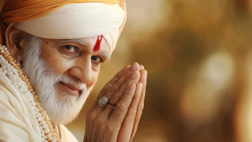 High-detail portrait shows elderly guru in namaste gesture