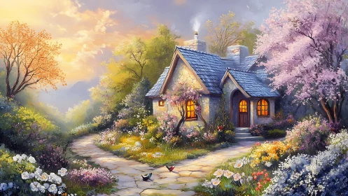 Twilight cottage glows amid bloom-drunk spring garden paths.