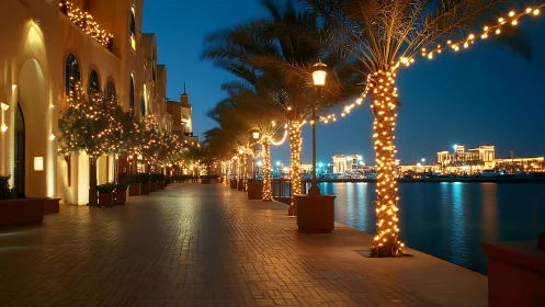 Palm-lined promenade hums softly under jeweled marina lights