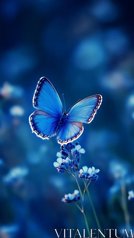 Blue butterfly hovers over wildflower in soft bokeh field.