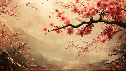 Cherry blossom branches over misty valley in sunset light.