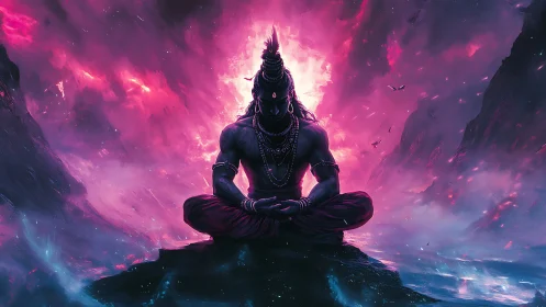 Silhouetted meditating figure before luminous cosmic sky.