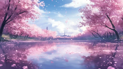 Serene riverside cherry blossoms under pastel spring sky.