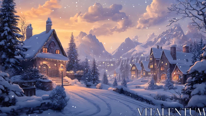Snowy mountain village glowing with gentle winter magic.