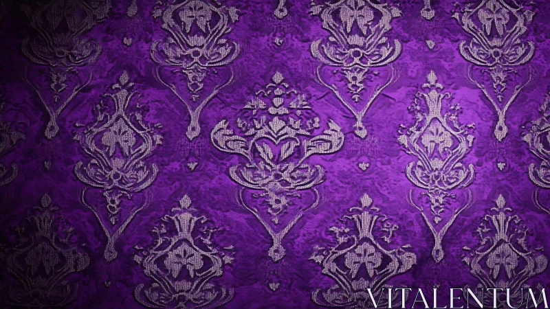 Ornate purple damask wallpaper with embossed brocade relief.