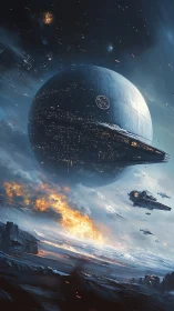 Spherical orbital battle station dominates a burning planetary war