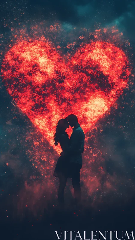 A Couple Embracing Under a Glowing Heart of Fire.