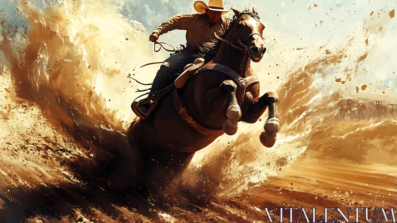 Cowboy and horse charge forward in a thrilling desert splash