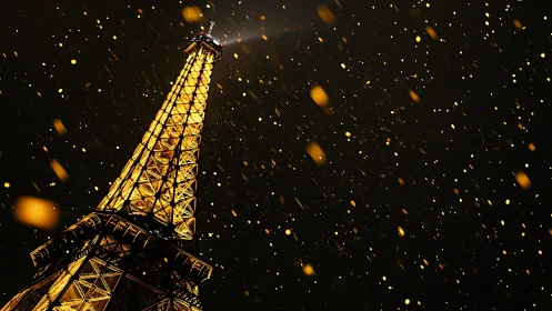 Eiffel Tower glows under golden night snowfall storm.