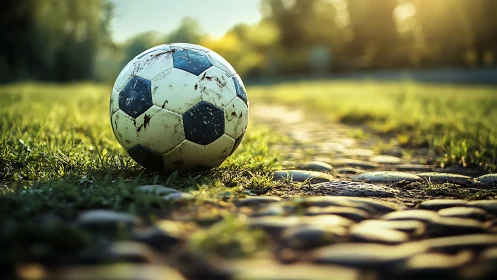 Weathered soccer ball on grass beside sunlit stone path.