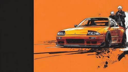 Orange tuner car illustration with two anime characters.