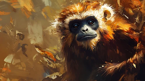 Golden-furred monkey gazes forward amid abstract strokes