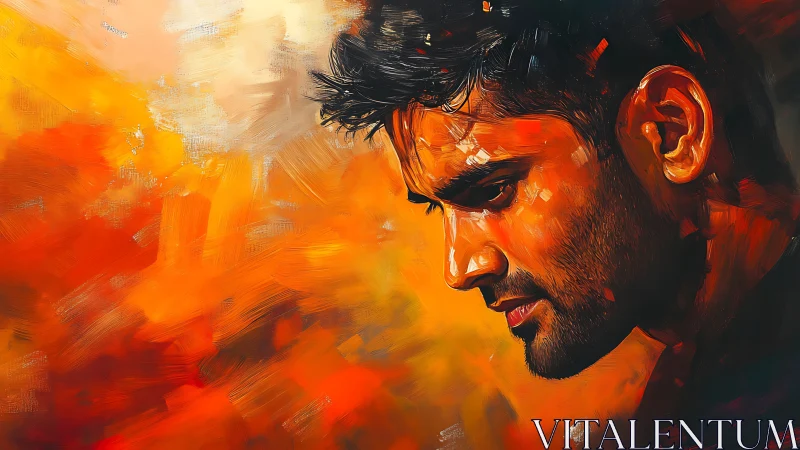 Contemplative man’s profile glows in fiery abstract light
