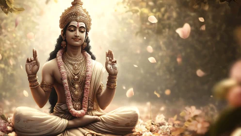 Gentle deity in golden garden light welcomes quiet reflection