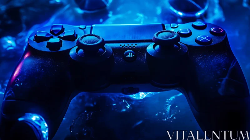 PlayStation Controller in Neon Blue Digital Environment