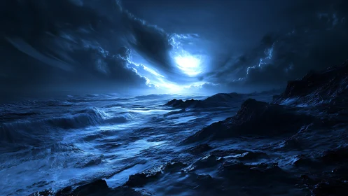 Dark stormy alien ocean under glowing blue vortex sky.