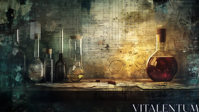 Arcane laboratory of glass vials, alchemical notes, and embered light.
