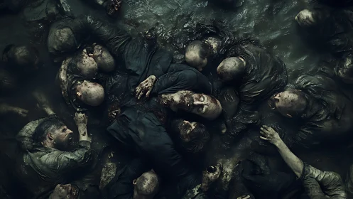 Corpses lie entangled in muddy pit under dim cold light