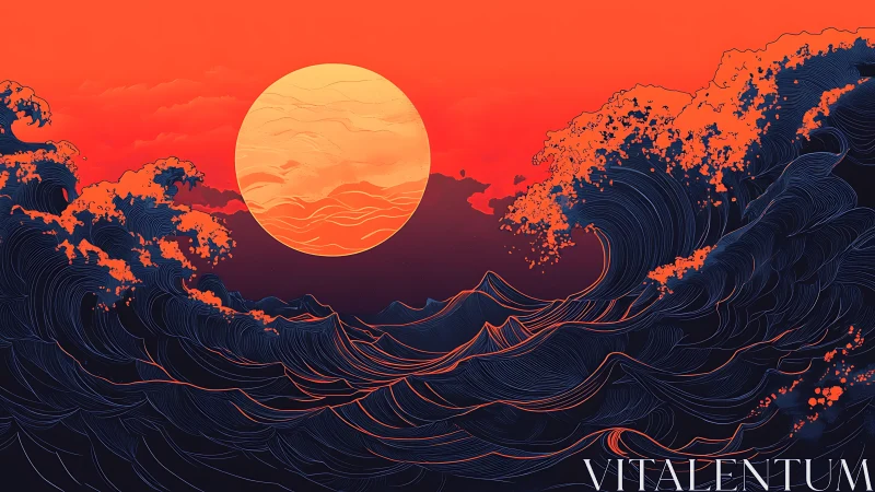 Stylized ocean waves under large circular sun at dusk.