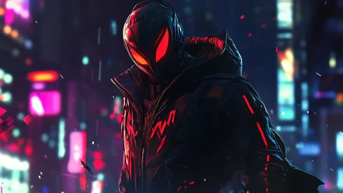 Armored neon vigilante stands in rainlit cyberpunk alleyway