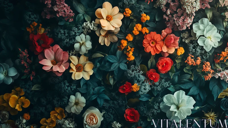 Abundant Floral Garden Overhead: Vibrant Blooms in Moody Darkness