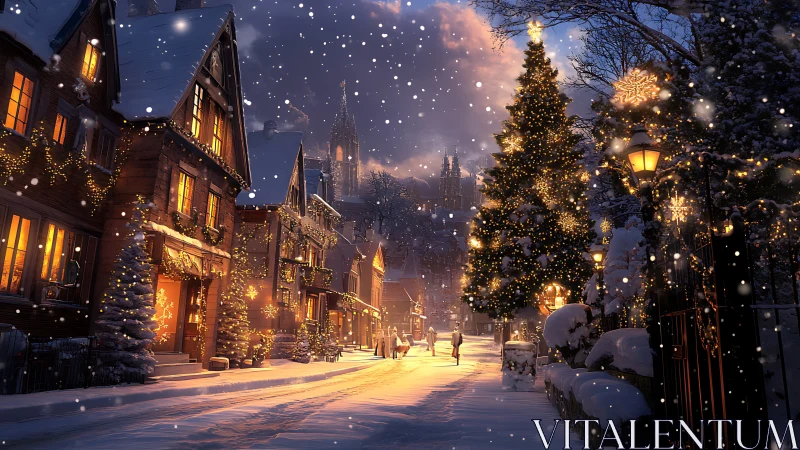 Snowy Christmas street glows with warm festive lights.