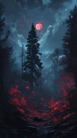 Crimson moon suspends a forest between ember and shadow