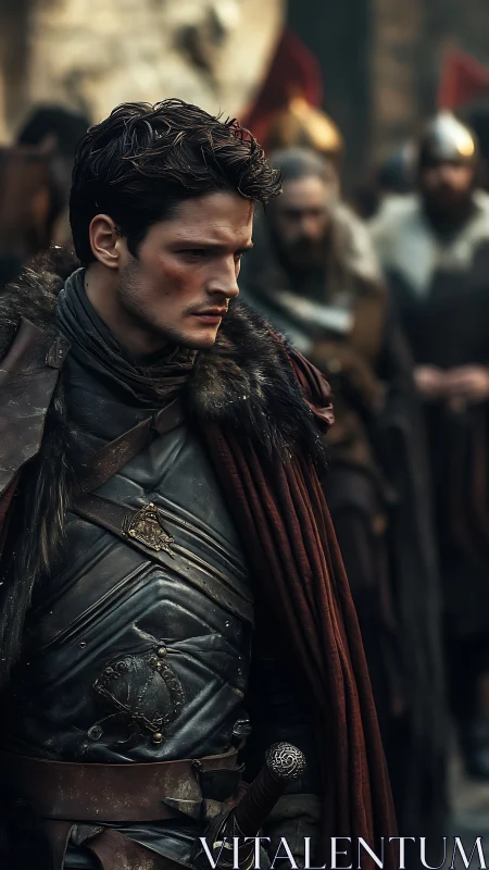 Brooding medieval warrior in leather armor and cloak.