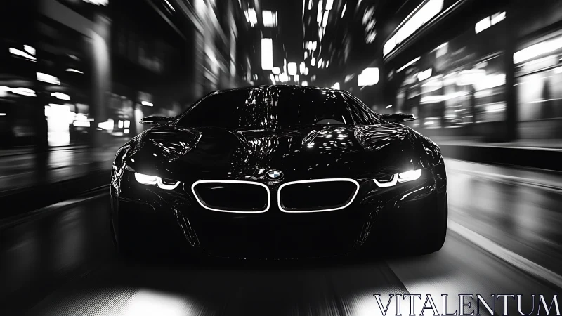 Sleek sports car races through neon city streets at night.