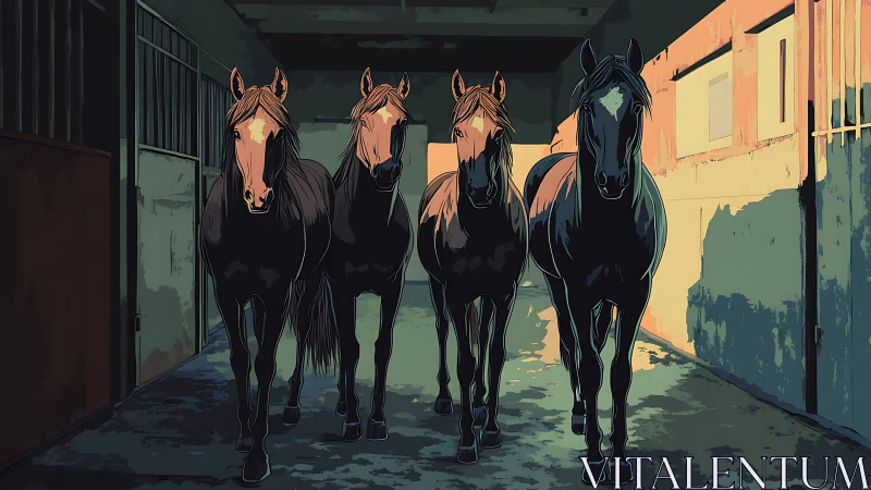 Four bay horses in stable corridor, cinematic backlit digital art