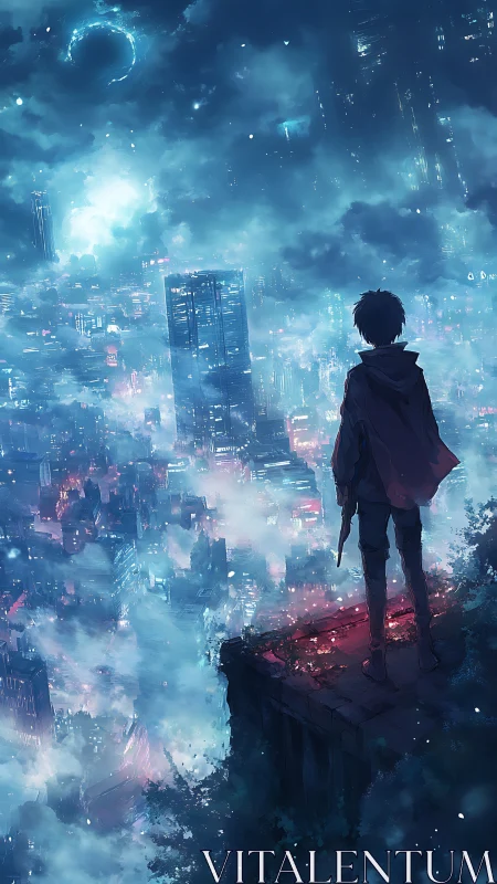 Figure observes illuminated fog-covered cityscape from cliff edge