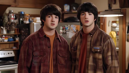 Twin brothers stand surprised in a cozy kitchen interior.