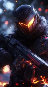 Ember-eyed cyber sentinel stalks through drifting sparks.