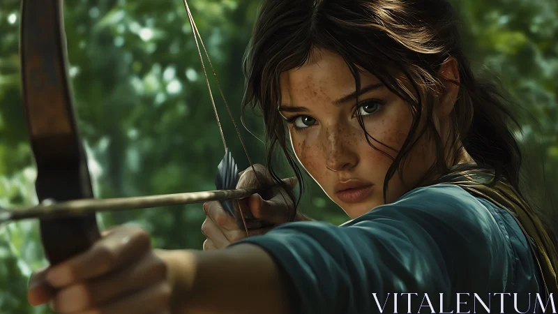 Freckled young archer drawing recurve bow in forest light