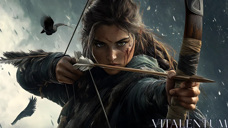 Battle-scarred archer drawing recurve bow in storm gale