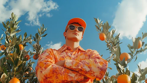Confident man in orange outfit standing in citrus grove.