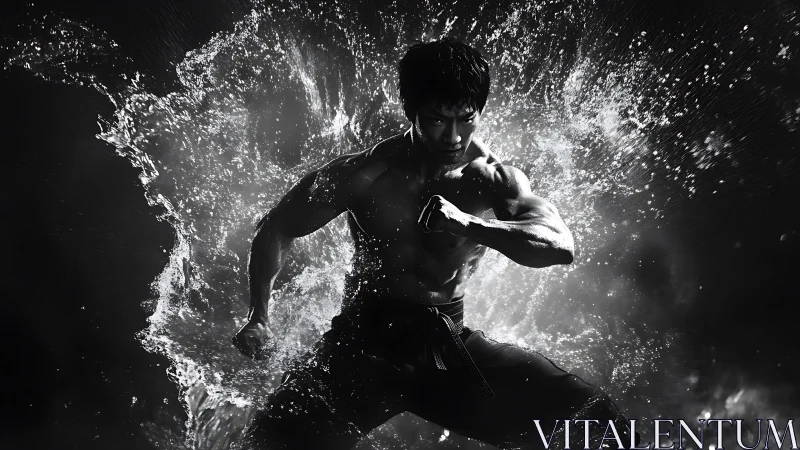 Martial artist striking through explosive water burst.