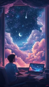 Person at desk observing clouded night sky through window.
