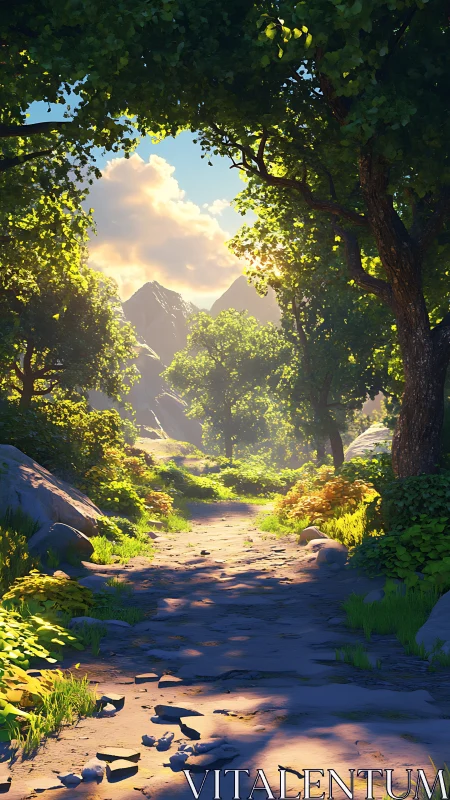 Mountain Valley Through Forest Tunnel of Light