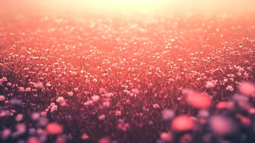 Blush-drenched wildflower sea under dreamy sunrise haze.