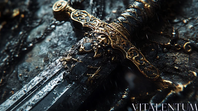 Weathered gilded longsword hilt with rain-slick corrosion details.