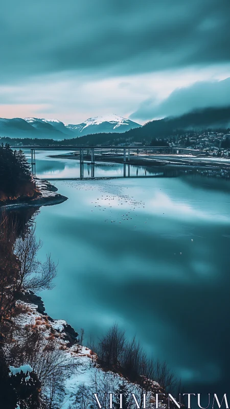 Bridge spans a calm winter river beneath distant mountains