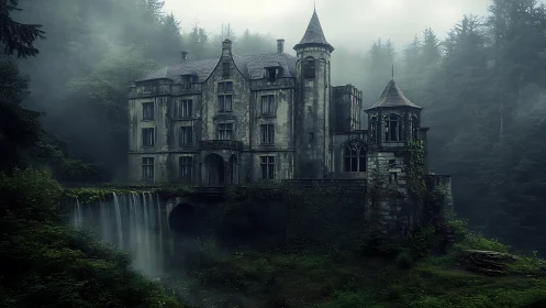 Foggy gothic castle overlooks hidden forest waterfall