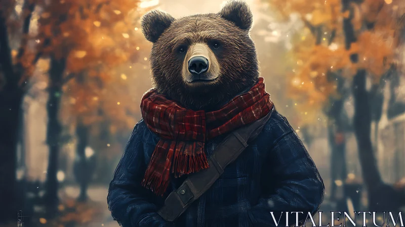 Gentle bear in scarf strolls through a dreamy autumn city street