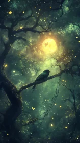 Moonlit forest bird settles into a softly glowing dream