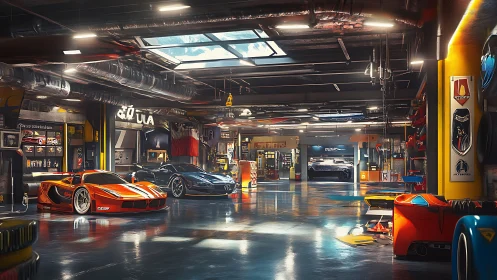 Sunlit supercar workshop humming with glossy dream machines.
