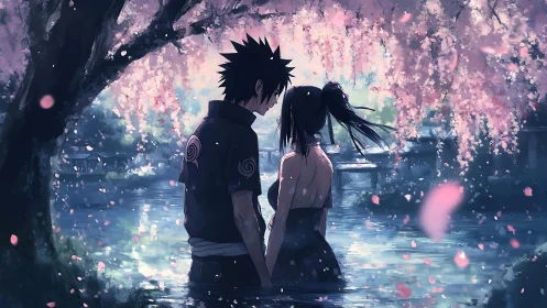 Anime couple under cherry blossoms beside reflective water.