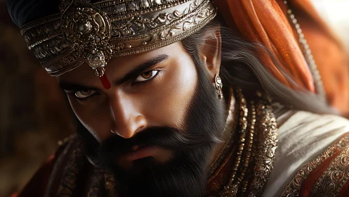 Regal warrior prince with jeweled crown and intense gaze.