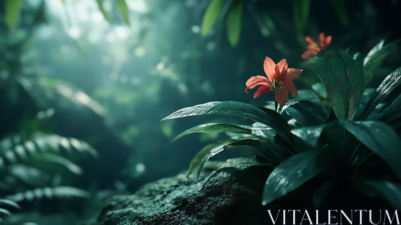 Jungle lilies quietly rehearse sunrise under emerald fog